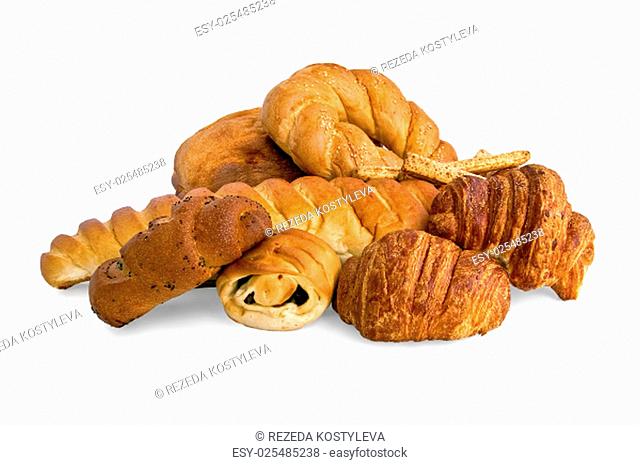 White bread, rolls, croissants, bread sticks isolated on a white background
