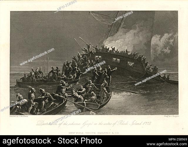 Destruction of the schooner Gaspé in the waters of Rhode Island 1772. Lossing, Benson John, 1813-1891 (Author) McNevin, John (Artist) Rogers, John (ca