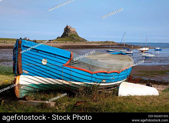 Blue Rowing Boat on Holy Island Lindisfarne