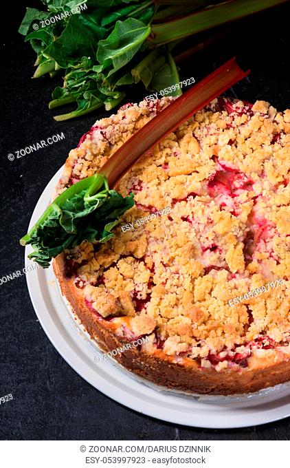 a delicious, summery rhubarb cake with crumble