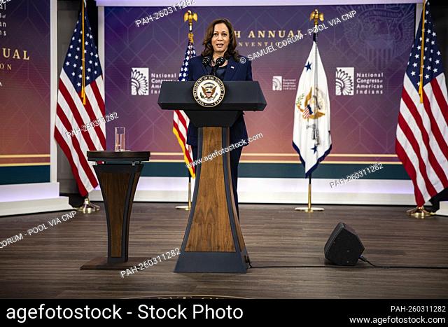 United States Vice President Kamala Harris speaks during the virtual National Congress of American Indians (NCAI) 78th Annual Convention in the Eisenhower...