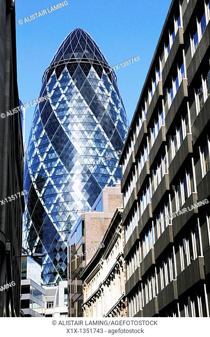 View of 30 St Mary Axe, The Gherkin, from Fenchurch Street, London, England, UK