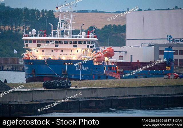 27 June 2022, Mecklenburg-Western Pomerania, Sassnitz: The ship ""Blue Ship"" is moored in the port of Mukran in the municipality of Sassnitz on the island of...