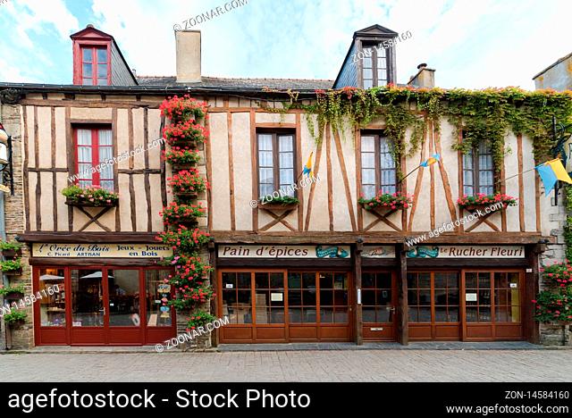 Rochefort-en-Terre, Morbihan / France - 24 August, 2019: detail view of historic architecture and buildings in the picturesque French village of...