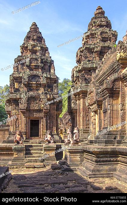 Banteay Srei is a 10th century Cambodian temple dedicated to the Hindu god Shiva. Located in the area of Angkor in Cambodia