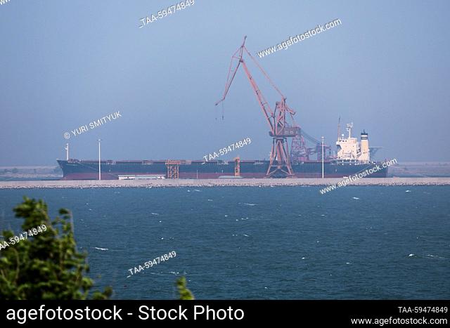CHINA, HEBEI PROVINCE - MAY 24, 2023: A view shows the Ocean Belt bulk carrier at Shanhaiguan Shipyard as seen from Laolongtou (Old Dragon’s Head)