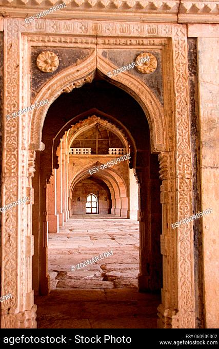 View of arched doorways and arched pillars at Jami Masid in Mandu, Madhya Pradesh, India, Asia