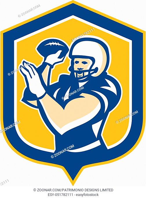 Illustration of an american football gridiron quarterback qb throwing ball set inside shield crest on isolated background done in retro style