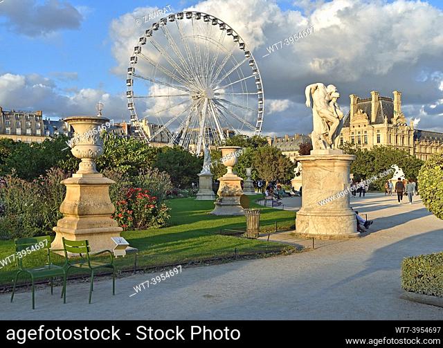 Sculptures, Louvre, ferris wheel, plants and flowers, afternoon, sunny day