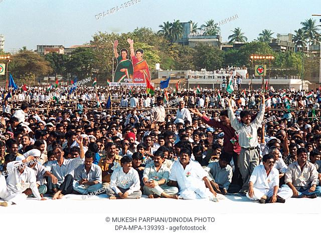 People gathered for Sonia Gandhi's rally at shivaji park ; Dadar ; Bombay Mumbai ; Maharashtra ; India NO MR