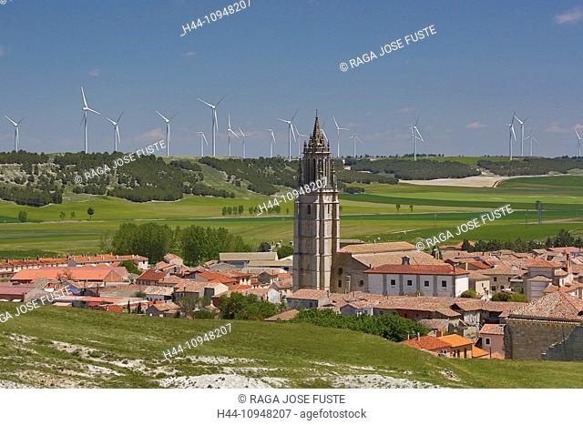 Ampudia, Castilla, Castile, Leon, Palencia, Province, belfry, church, city, energy, landscape, pueblo, Spain, Europe, wind