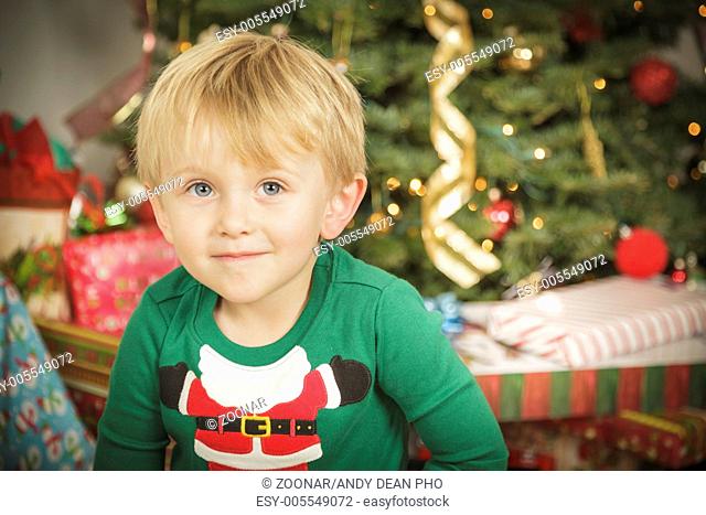 Young Boy Enjoying Christmas Morning Near The Tree
