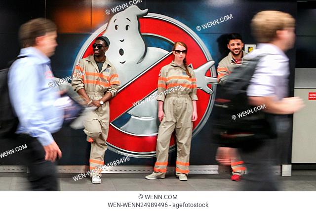 Stay Puft Marshmallow Man on the concourse of Waterloo Station during morning rush-hour for the opening of the new Ghostbusters movie Featuring: Atmosphere...