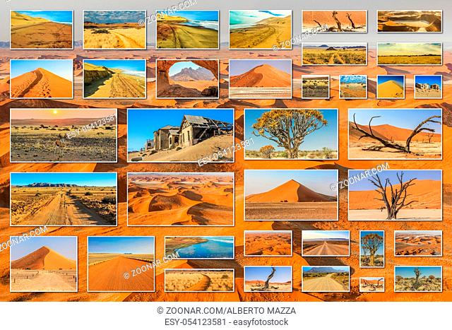 Namibia pictures collage of different locations landmark of Namibia including Etosha, Namib-Naukluft, Sperrgebiet, Skeleton Coast, Sandwich Harbour