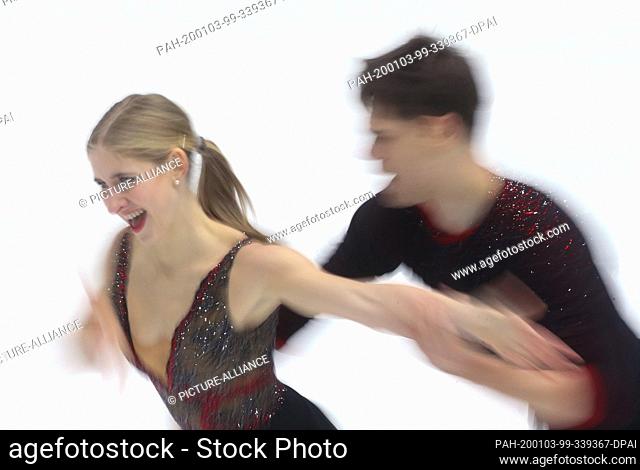 03 January 2020, Bavaria, Oberstdorf: Figure skating, German championship, pairs, freestyle: Minerva-Fabienne Hase and Nolan Seegert skate on ice (blurred due...