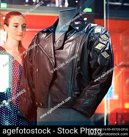 PRODUCTION - 12 June 2023, Baden-Württemberg, Karlsruhe: The leather jacket worn by Scorpions singer Klaus Meine when he performed in Moscow in September 1989...