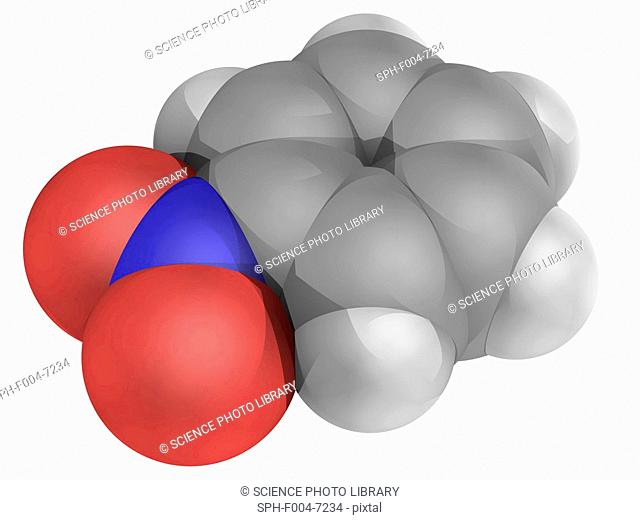 Nitrobenzene, molecular model. Organic compound produced on a large scale as a precursor to aniline. Atoms are represented as spheres and are colour-coded:...