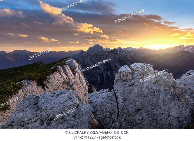 Europe, Italy, Veneto, Belluno. Landscape from Palazza Alta, Civetta goup, at sunset. Dolomites
