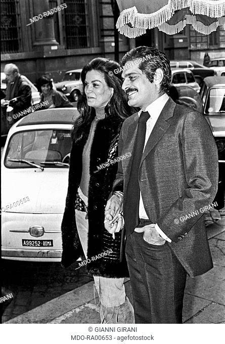 The Egyptian actor Omar Sharif walking arm in arm with the Brazilian actress Florinda Bolkan in the street after a press conference for the launching of the...