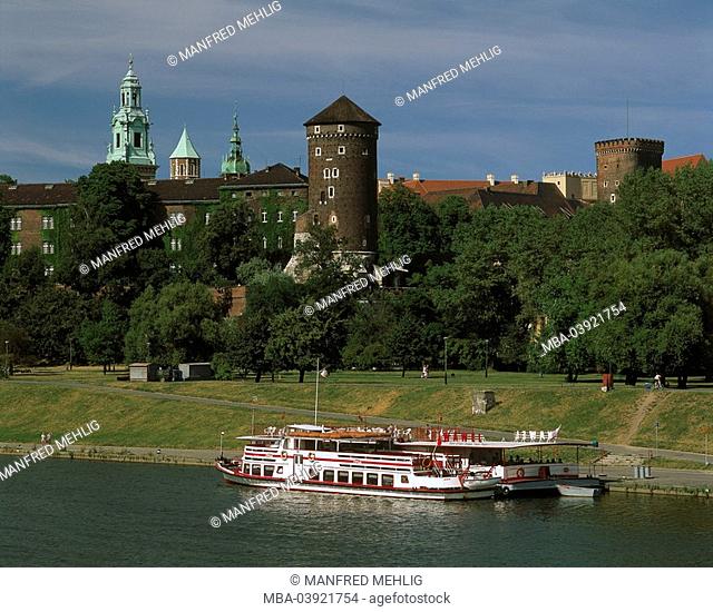 Poland, Cracow, city view, Wawel, cathedral, Sigismund-tower, Weichsel, trip-boat castle-mountain palace-mountain Wawel-cathedral belfry buildings, construction