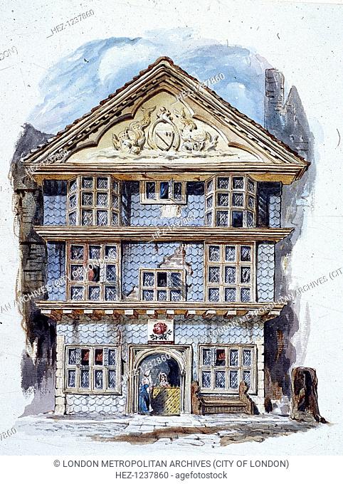 The Rose Tavern, Fenchurch Street, London (1805?). Tile-hung facade of the Rose Tavern as it appeared in about 1730. The pediment is decorated with relief...
