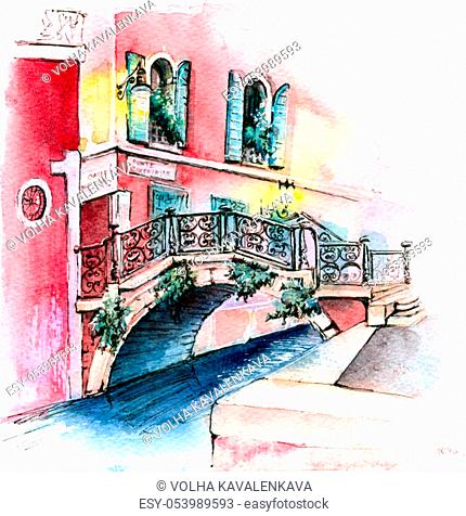 Watercolor sketch of Cute colorful house and bridge on Campo San Vidal, Venice, Italy