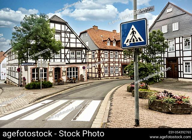 Half timbered houses and pedestrian crossing in Korbach in Germany