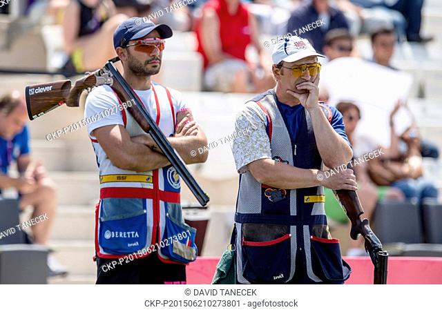 From left Anthony Terras from France and Jan Sychra from Czech Republic compete in men's skeet shooting final at the Baku 2015 1st European Games in Baku