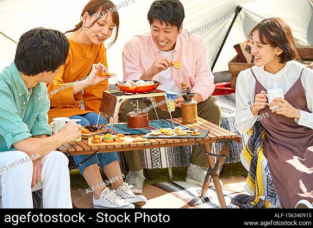 Japanese friends having a party in the garden