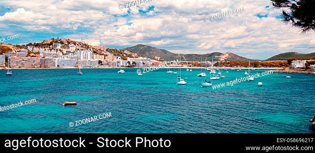 Picturesque breathtaking view to the coastal tourist resort Santa Ponsa small town in south-west of Majorca Island Calvia