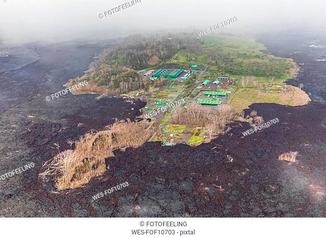 USA, Hawaii, Big Island, aerial view of the impacts of the volcanic eruption in 2018, Puna Geothermal Power Plant