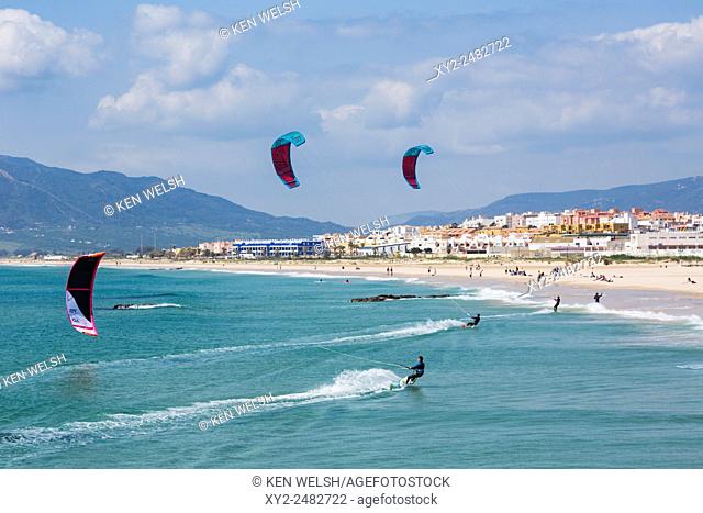 Tarifa, Cadiz Province, Costa de la Luz, Andalusia, southern Spain. Kitesurfing off Playa de los Lances