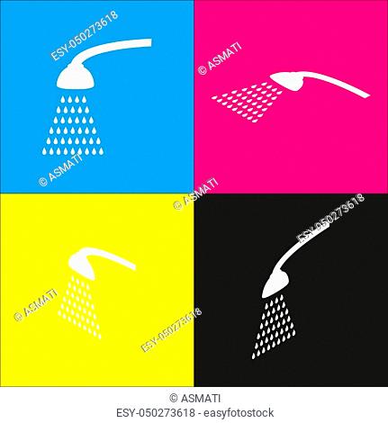 Shower simple sign. Vector. White icon with isometric projections on cyan, magenta, yellow and black backgrounds