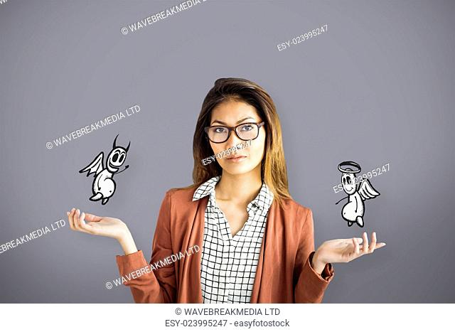 Doubtful businesswoman with eyeglasses against grey