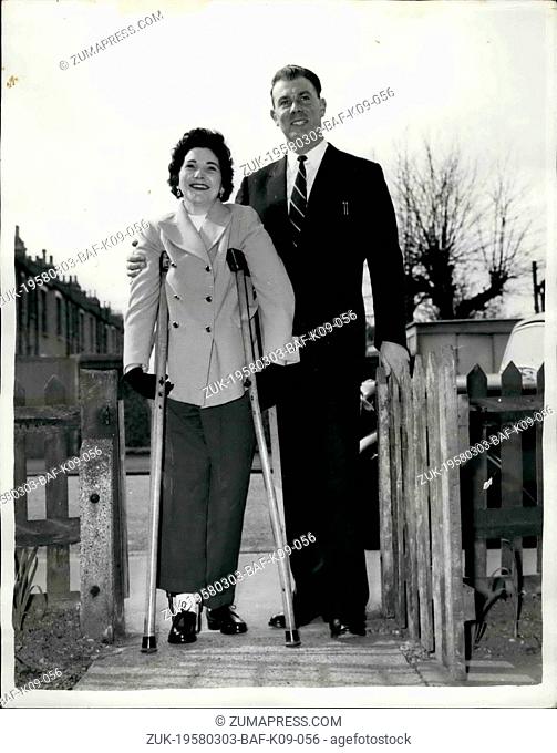 Mar. 03, 1958 - Mrs.Taylor Wins Through And Returns Home For Her First Wedding Anniversary: Mrs. Jo Taylor hobbled up her garden path yesterday or crutches -...