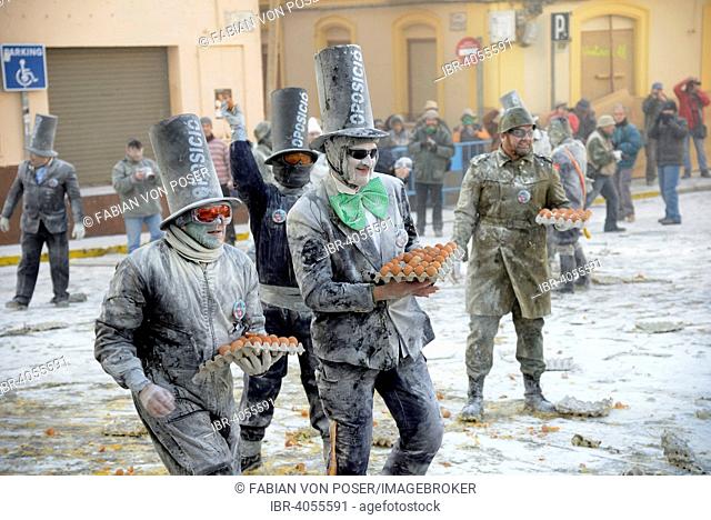 Els Enfarinats flour fight, rebels, armed with flour, eggs and firecrackers, take over the regiment of the city for one day, Plaza de la Iglesia, Ibi