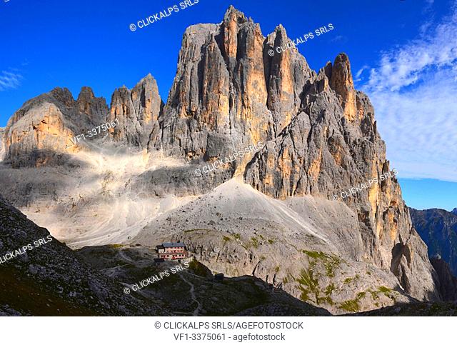 Canali Peak and Pradidali refuge, Dolomites, Pale di San Martino, Trento province, Trentino Alto Adige, Italy