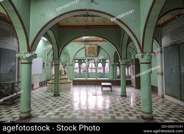 Indore, India - March 2021: Detail of the interior of the Jain Shwetamber Temple on March 12, 2021 in Indore, Madhya Pradesh, India