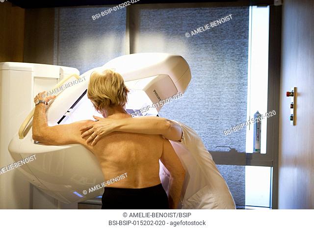 Reportage in a radiology centre in Haute-Savoie, France. A technician carries out a routine mammogram