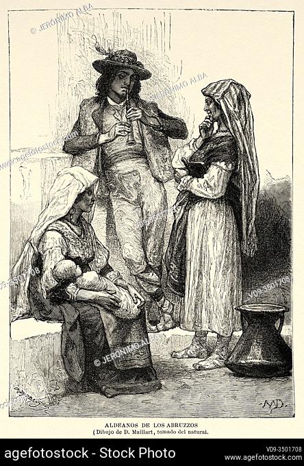 Characters in typical costumes of the mountain villages of Abruzzo. Italy Europe. Old 19th century engraved illustration image from the book New Universal...