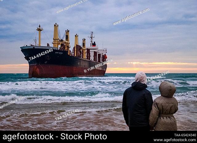 RUSSIA, KRASNODAR REGION - DECEMBER 2, 2023: A view of the Blue Shark dry cargo ship after it ran aground at the Black Sea resort of Anapa