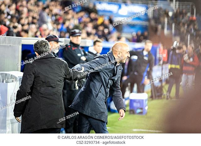 Ernesto Valverde and Abelardo, teams coachs, greet before the Spanish League match between Deportivo Alaves and FC Barcelona at Estadio de Mendizorroza on April...