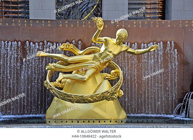 USA, America, United States, North America, New York city, golden statue, Prometheus, Paul Manship, Rockefeller Center
