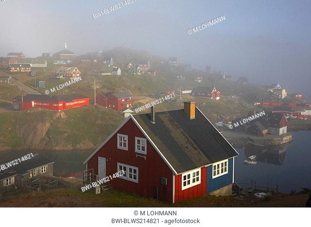 village in morning mist, Greenland, Ammassalik, East Greenland, Tasiilaq