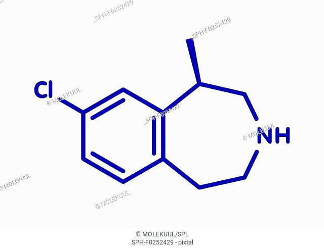 Lorcaserin obesity drug molecule. Blue skeletal formula on white background