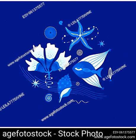 Cosmic fish, seaweed, seashells, starfish. Magic underwater life. Marine composition. Ocean creatures decorated with stars. Blue, white colors