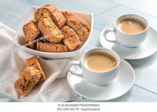 Two cups of coffee with cantuccini