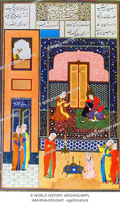 Colour illustration from 'The illuminated manuscript Khamsa of Nizami' a 12th Century a lavishly illustrated manuscript of the Khamsa or 'five poems' of Nizami...
