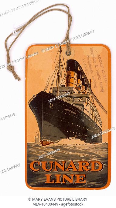 A fine example of a luggage label - a bag label for the Cunard Line, featuring a picture of the RMS Mauretania. According to the notes on the reverse of this...