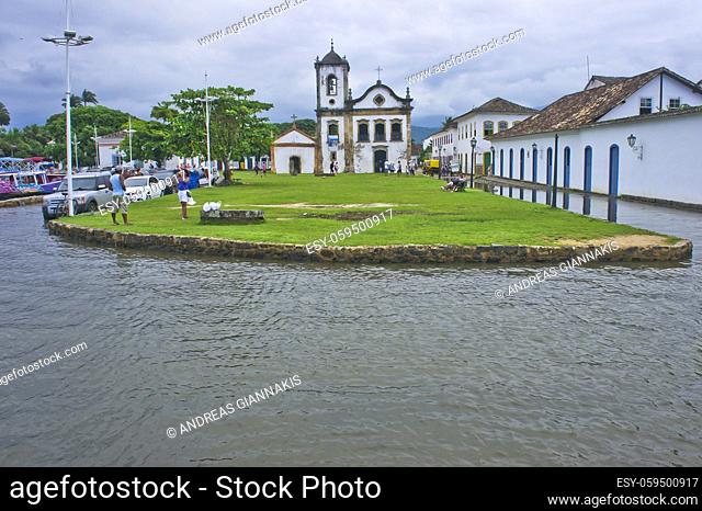 Paraty, Old city street view with a Colonial church, Brazil, South America